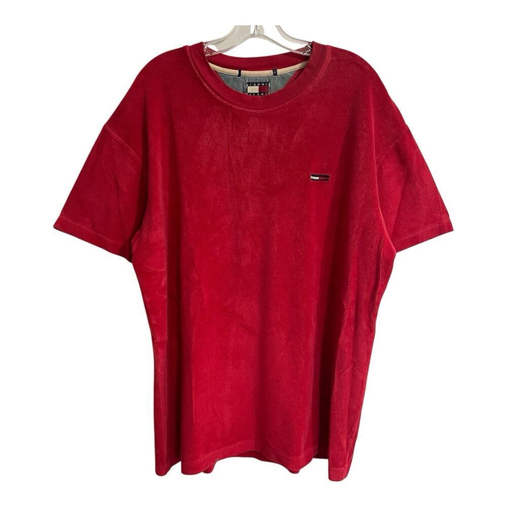 Tommy Jeans Shirt Mens Large Red Crew Neck Soft Terry Cloth Style Y2K Classic